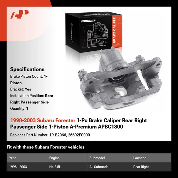 1998-2003 Subaru Forester 1-Pc Brake Caliper Rear Right Passenger Side 1-Piston A-Premium APBC1300