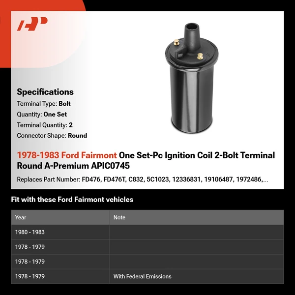 1978-1983 Ford Fairmont One Set-Pc Ignition Coil 2-Bolt Terminal Round A-Premium APIC0745