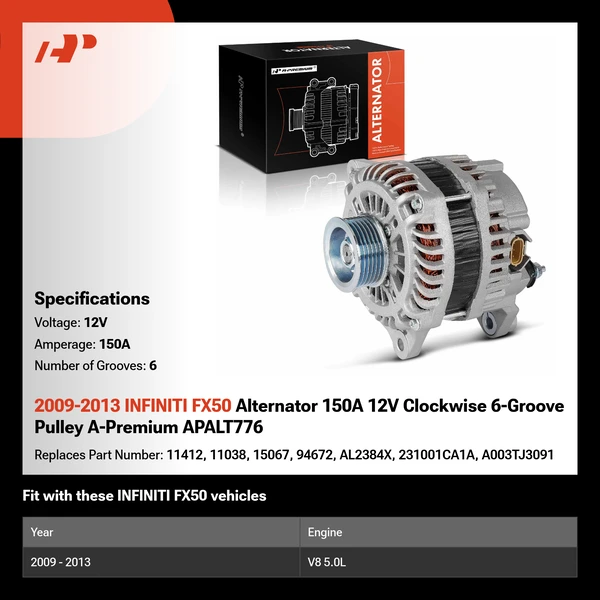 2009-2013 INFINITI FX50 Alternator 150A 12V Clockwise 6-Groove Pulley A-Premium APALT776