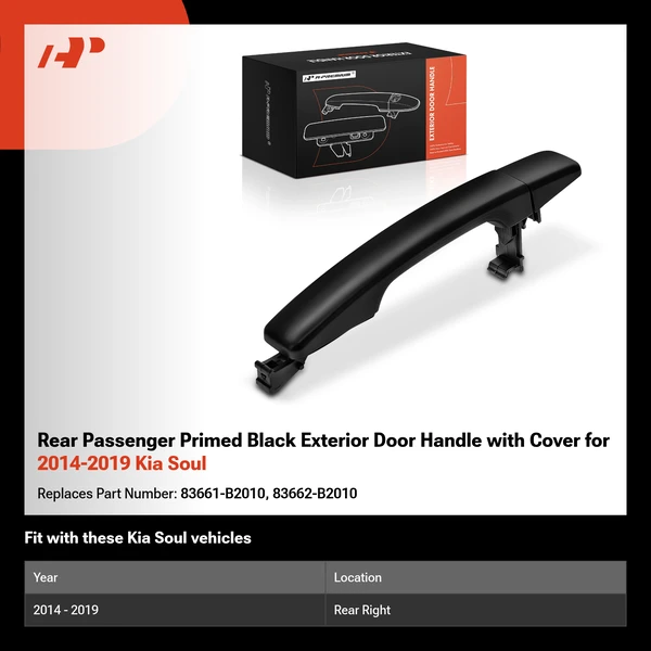 Rear Passenger Primed Black Exterior Door Handle with Cover for 2014-2019 Kia Soul