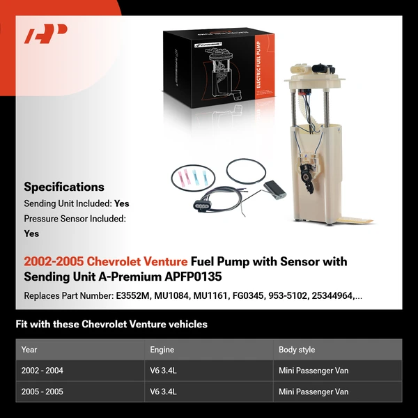 2002-2005 Chevrolet Venture Fuel Pump with Sensor with Sending Unit A-Premium APFP0135