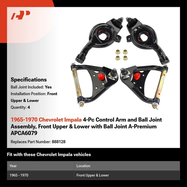 1965-1970 Chevrolet Impala 4-Pc Control Arm and Ball Joint Assembly, Front Upper & Lower with Ball Joint A-Premium APCA6079