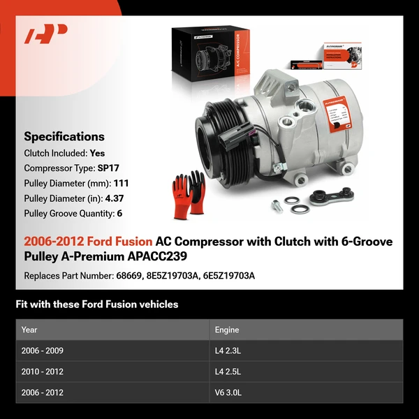 2006-2012 Ford Fusion AC Compressor with Clutch with 6-Groove Pulley A-Premium APACC239