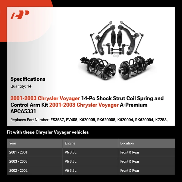 2001-2003 Chrysler Voyager 14-Pc Shock Strut Coil Spring and Control Arm Kit 2001-2003 Chrysler Voyager A-Premium APCA5331