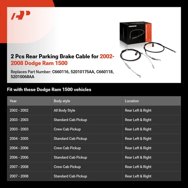 2 Pcs Rear Parking Brake Cable for 2002-2008 Dodge Ram 1500