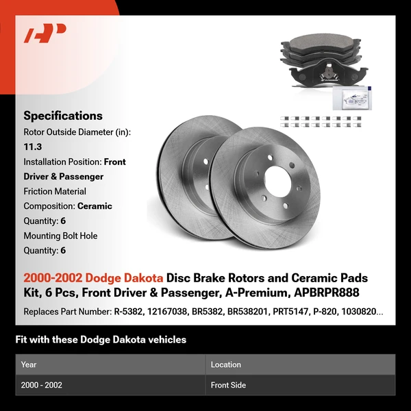 2000-2002 Dodge Dakota Disc Brake Rotors and Ceramic Pads Kit, 6 Pcs, Front Driver & Passenger, A-Premium, APBRPR888