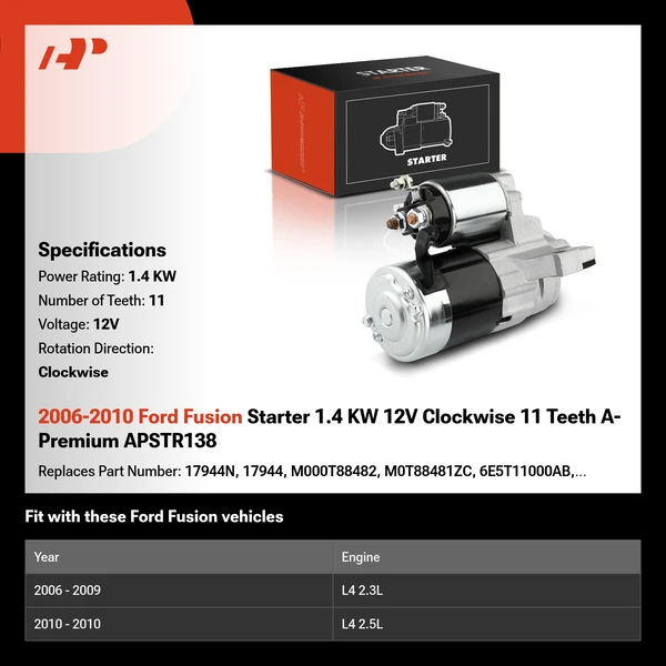 2006-2010 Ford Fusion Starter 1.4 KW 12V Clockwise 11 Teeth A-Premium APSTR138
