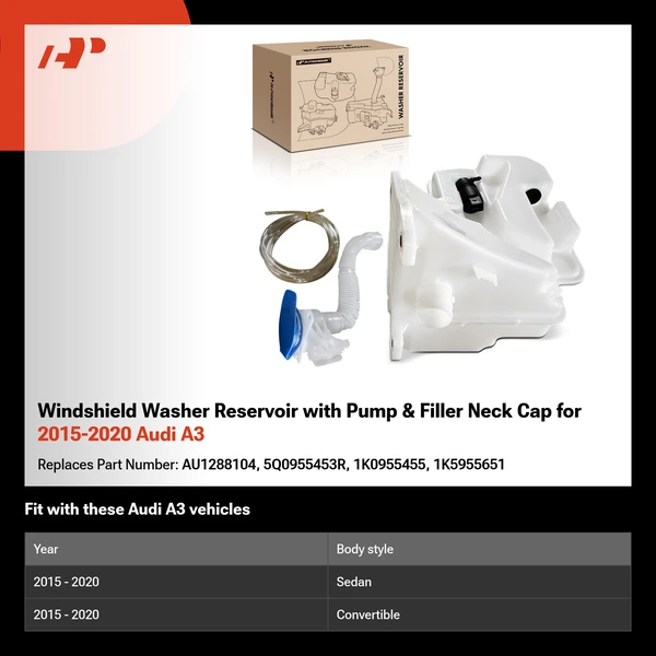 Windshield Washer Reservoir with Pump & Filler Neck Cap for 2015-2020 Audi A3