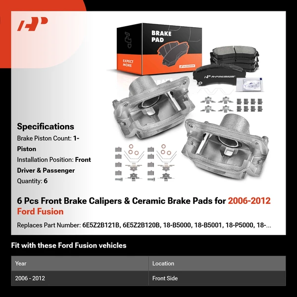 6 Pcs Front Brake Calipers & Ceramic Brake Pads for 2006-2012 Ford Fusion