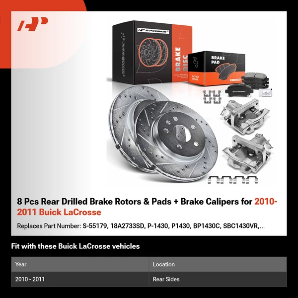 8 Pcs Rear Drilled Brake Rotors & Pads + Brake Calipers for 2010-2011 Buick LaCrosse