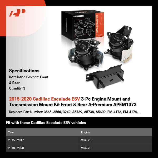 2015-2020 Cadillac Escalade ESV 3-Pc Engine Mount and Transmission Mount Kit Front & Rear A-Premium APEM1373