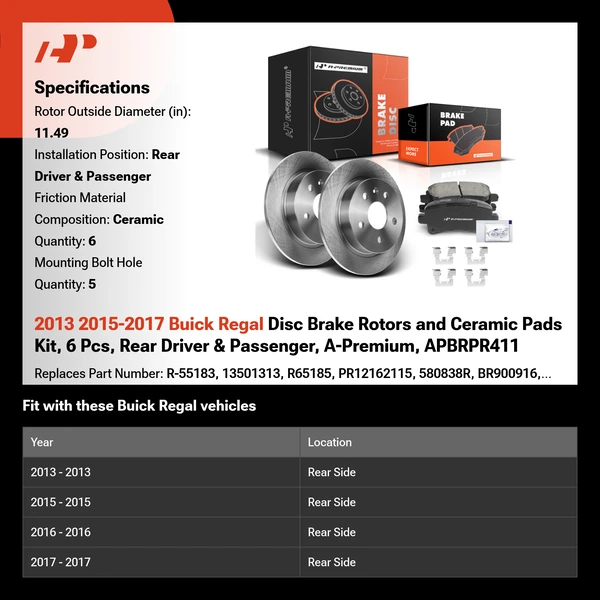 2013 2015-2017 Buick Regal Disc Brake Rotors and Ceramic Pads Kit, 6 Pcs, Rear Driver & Passenger, A-Premium, APBRPR411