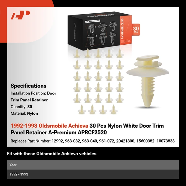 1992-1993 Oldsmobile Achieva 30 Pcs Nylon White Door Trim Panel Retainer A-Premium APRCF2520