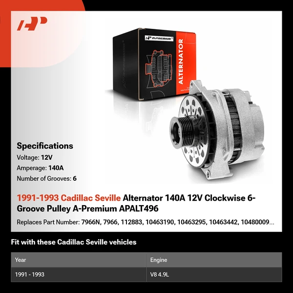 1991-1993 Cadillac Seville Alternator 140A 12V Clockwise 6-Groove Pulley A-Premium APALT496