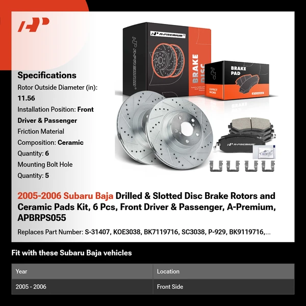 2005-2006 Subaru Baja Drilled & Slotted Disc Brake Rotors and Ceramic Pads Kit, 6 Pcs, Front Driver & Passenger, A-Premium, APBRPS055
