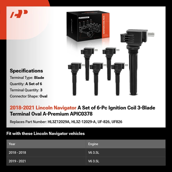 2018-2021 Lincoln Navigator A Set of 6-Pc Ignition Coil 3-Blade Terminal Oval A-Premium APIC0378