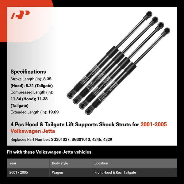 4 Pcs Hood & Tailgate Lift Supports Shock Struts for 2001-2005 Volkswagen Jetta