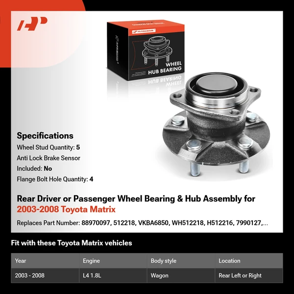 Rear Driver or Passenger Wheel Bearing & Hub Assembly for 2003-2008 Toyota Matrix