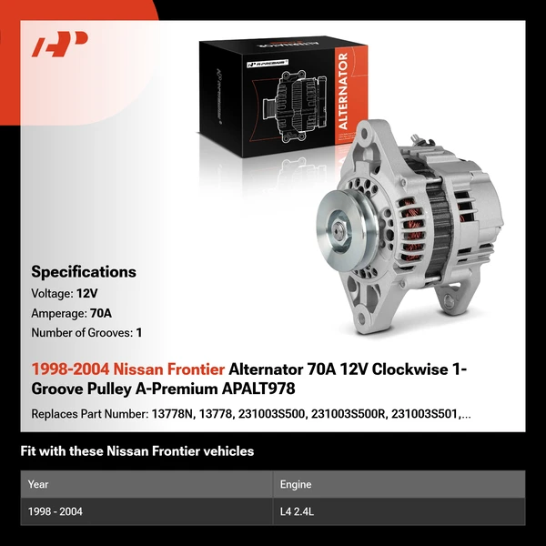 1998-2004 Nissan Frontier Alternator 70A 12V Clockwise 1-Groove Pulley A-Premium APALT978