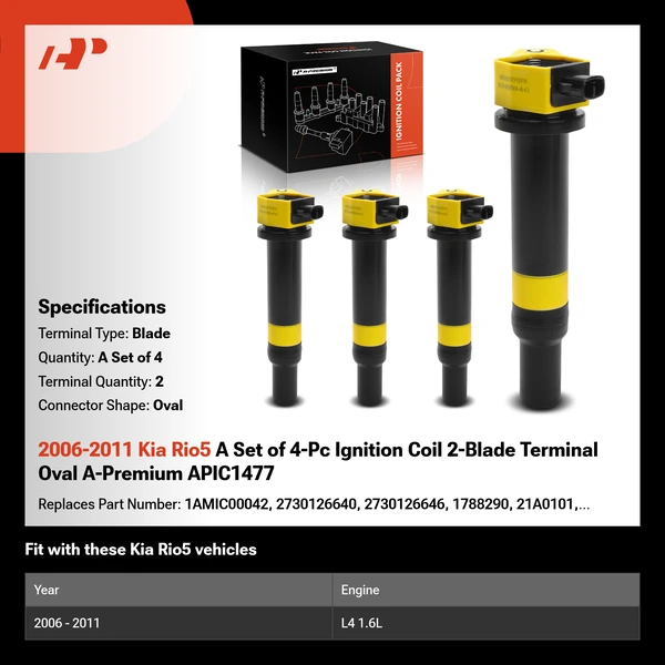 2006-2011 Kia Rio5 A Set of 4-Pc Ignition Coil 2-Blade Terminal Oval A-Premium APIC1477