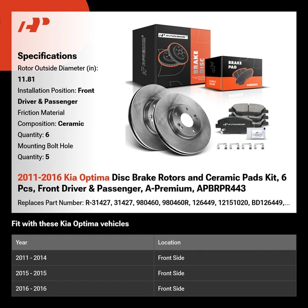 2011-2016 Kia Optima Disc Brake Rotors and Ceramic Pads Kit, 6 Pcs, Front Driver & Passenger, A-Premium, APBRPR443