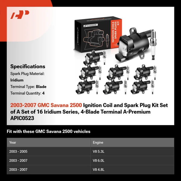 2003-2007 GMC Savana 2500 Ignition Coil and Spark Plug Kit Set of A Set of 16 Iridium Series, 4-Blade Terminal A-Premium APIC0523