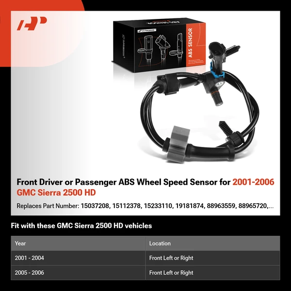 Front Driver or Passenger ABS Wheel Speed Sensor for 2001-2006 GMC Sierra 2500 HD
