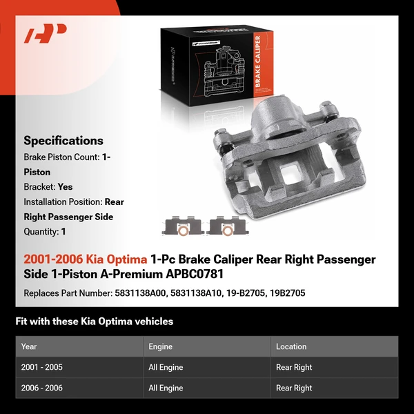 2001-2006 Kia Optima 1-Pc Brake Caliper Rear Right Passenger Side 1-Piston A-Premium APBC0781
