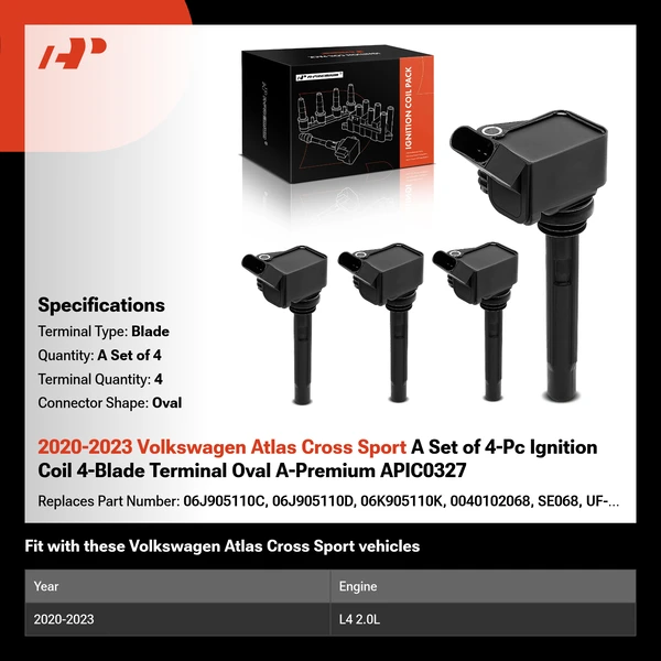 2020-2023 Volkswagen Atlas Cross Sport A Set of 4-Pc Ignition Coil 4-Blade Terminal Oval A-Premium APIC0327