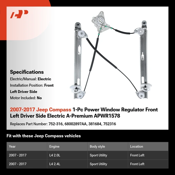2007-2017 Jeep Compass 1-Pc Power Window Regulator Front Left Driver Side Electric A-Premium APWR1578
