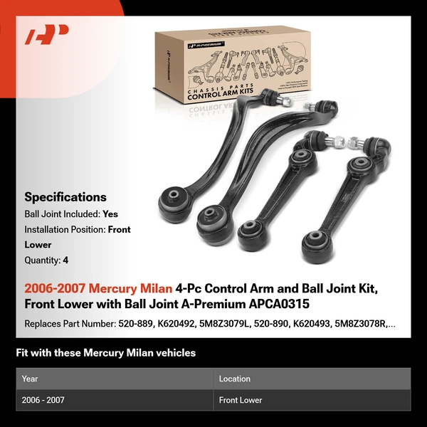 2006-2007 Mercury Milan 4-Pc Control Arm and Ball Joint Kit, Front Lower with Ball Joint A-Premium APCA0315