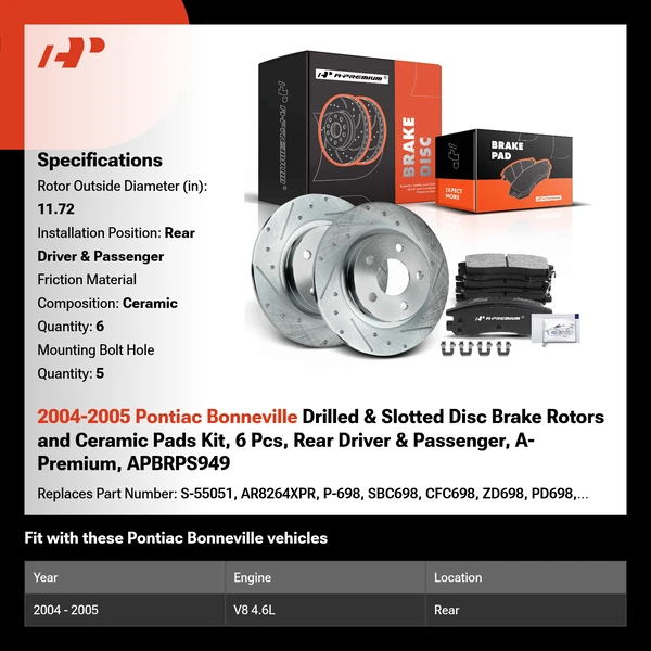 2004-2005 Pontiac Bonneville Drilled & Slotted Disc Brake Rotors and Ceramic Pads Kit, 6 Pcs, Rear Driver & Passenger, A-Premium, APBRPS949