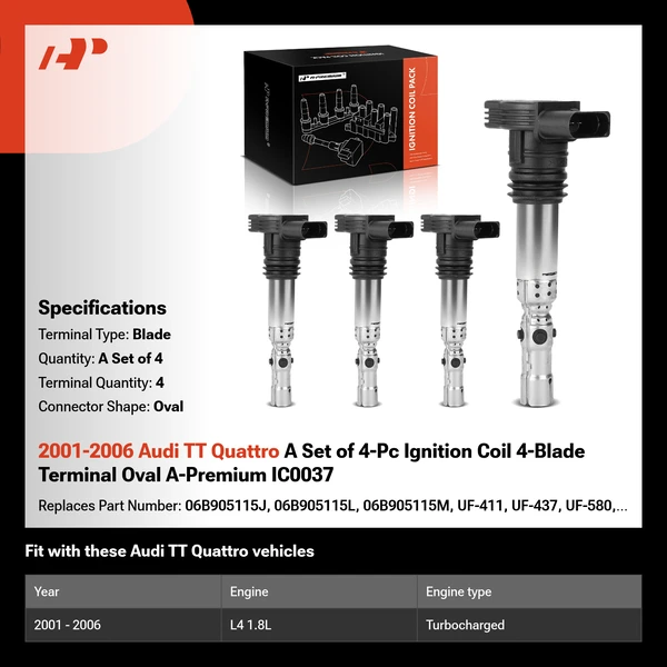 2001-2006 Audi TT Quattro A Set of 4-Pc Ignition Coil 4-Blade Terminal Oval A-Premium IC0037