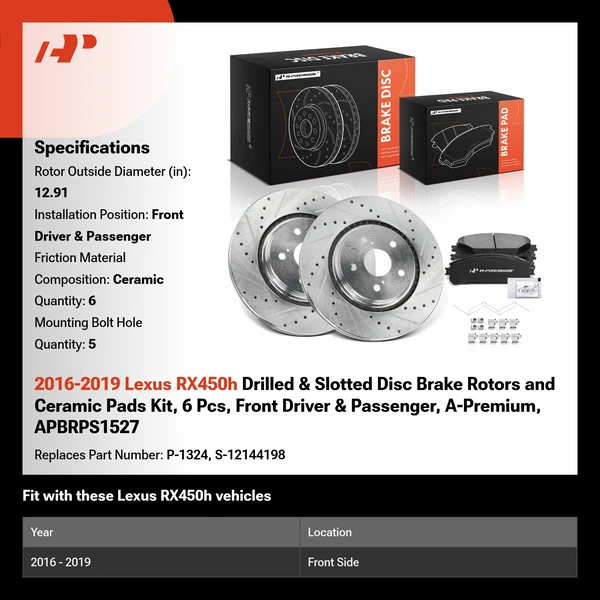 2016-2019 Lexus RX450h Drilled & Slotted Disc Brake Rotors and Ceramic Pads Kit, 6 Pcs, Front Driver & Passenger, A-Premium, APBRPS1527