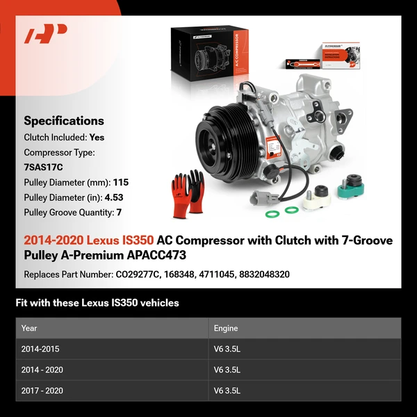 2014-2020 Lexus IS350 AC Compressor with Clutch with 7-Groove Pulley A-Premium APACC473