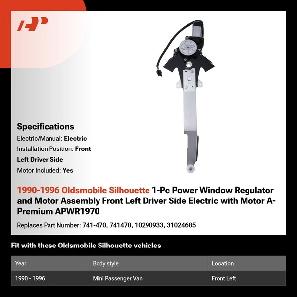 1990-1996 Oldsmobile Silhouette 1-Pc Power Window Regulator and Motor Assembly Front Left Driver Side Electric with Motor A-Premium APWR1970