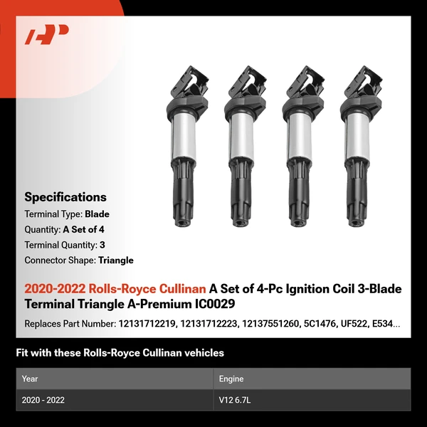 2020-2022 Rolls-Royce Cullinan A Set of 4-Pc Ignition Coil 3-Blade Terminal Triangle A-Premium IC0029