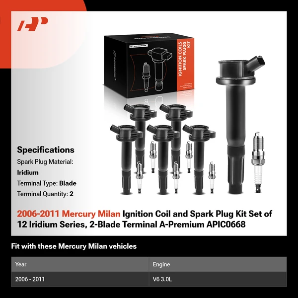 2006-2011 Mercury Milan Ignition Coil and Spark Plug Kit Set of 12 Iridium Series, 2-Blade Terminal A-Premium APIC0668
