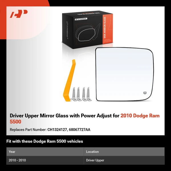 Driver Upper Mirror Glass with Power Adjust for 2010 Dodge Ram 5500