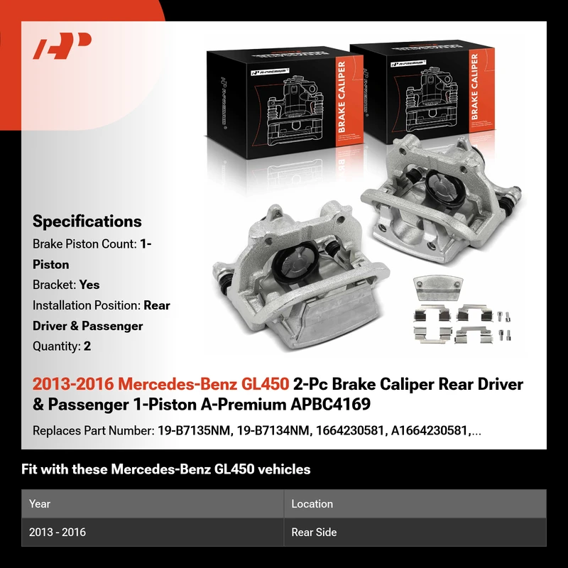 2013-2016 Mercedes-Benz GL450 2-Pc Brake Caliper Rear Driver & Passenger 1-Piston A-Premium APBC4169
