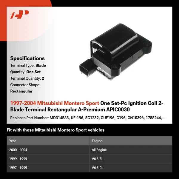 1997-2004 Mitsubishi Montero Sport One Set-Pc Ignition Coil 2-Blade Terminal Rectangular A-Premium APIC0030