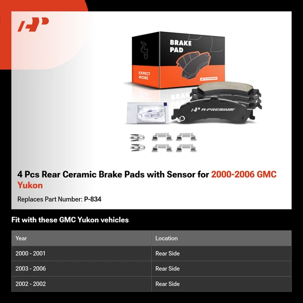 4 Pcs Rear Ceramic Brake Pads with Sensor for 2000-2006 GMC Yukon