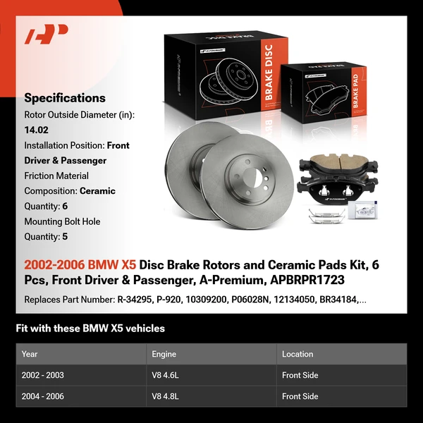 2002-2006 BMW X5 Disc Brake Rotors and Ceramic Pads Kit, 6 Pcs, Front Driver & Passenger, A-Premium, APBRPR1723
