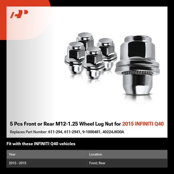 5 Pcs Front or Rear M12-1.25 Wheel Lug Nut for 2015 INFINITI Q40