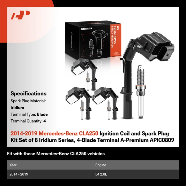 2014-2019 Mercedes-Benz CLA250 Ignition Coil and Spark Plug Kit Set of 8 Iridium Series, 4-Blade Terminal A-Premium APIC0809