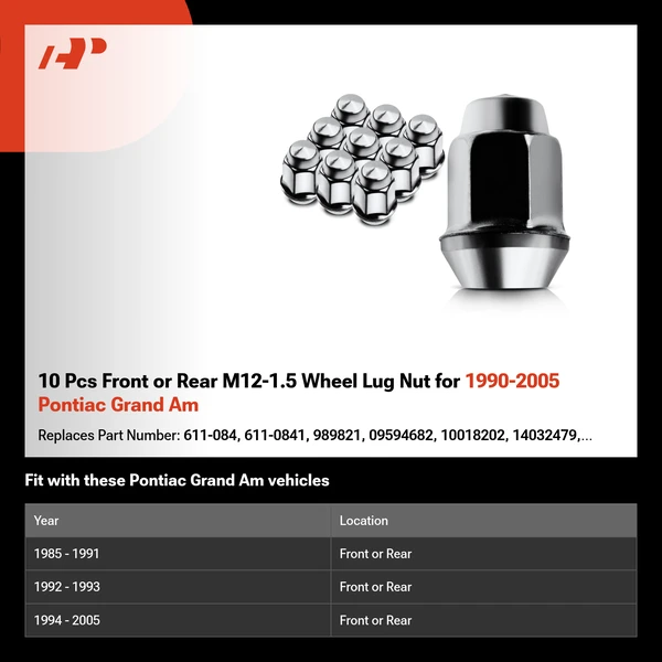 10 Pcs Front or Rear M12-1.5 Wheel Lug Nut for 1990-2005 Pontiac Grand Am