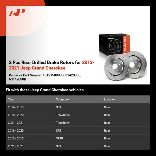2 Pcs Rear Drilled Brake Rotors for 2012-2021 Jeep Grand Cherokee