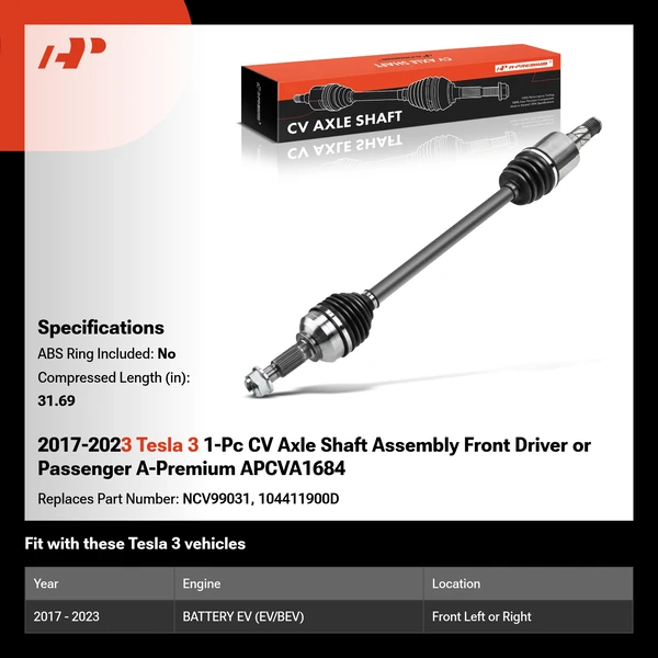 2017-2023 Tesla 3 1-Pc CV Axle Shaft Assembly Front Driver or Passenger A-Premium APCVA1684