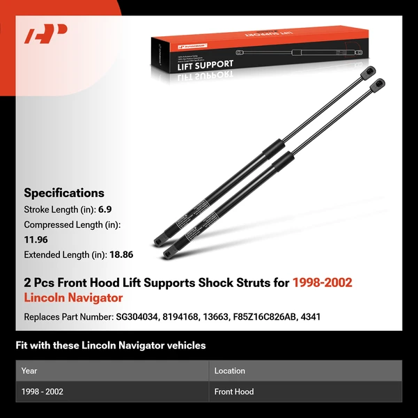2 Pcs Front Hood Lift Supports Shock Struts for 1998-2002 Lincoln Navigator