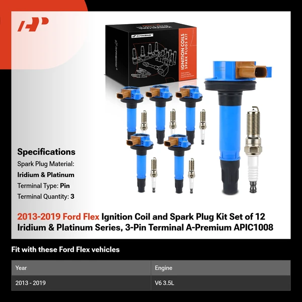 2013-2019 Ford Flex Ignition Coil and Spark Plug Kit Set of 12 Iridium & Platinum Series, 3-Pin Terminal A-Premium APIC1008